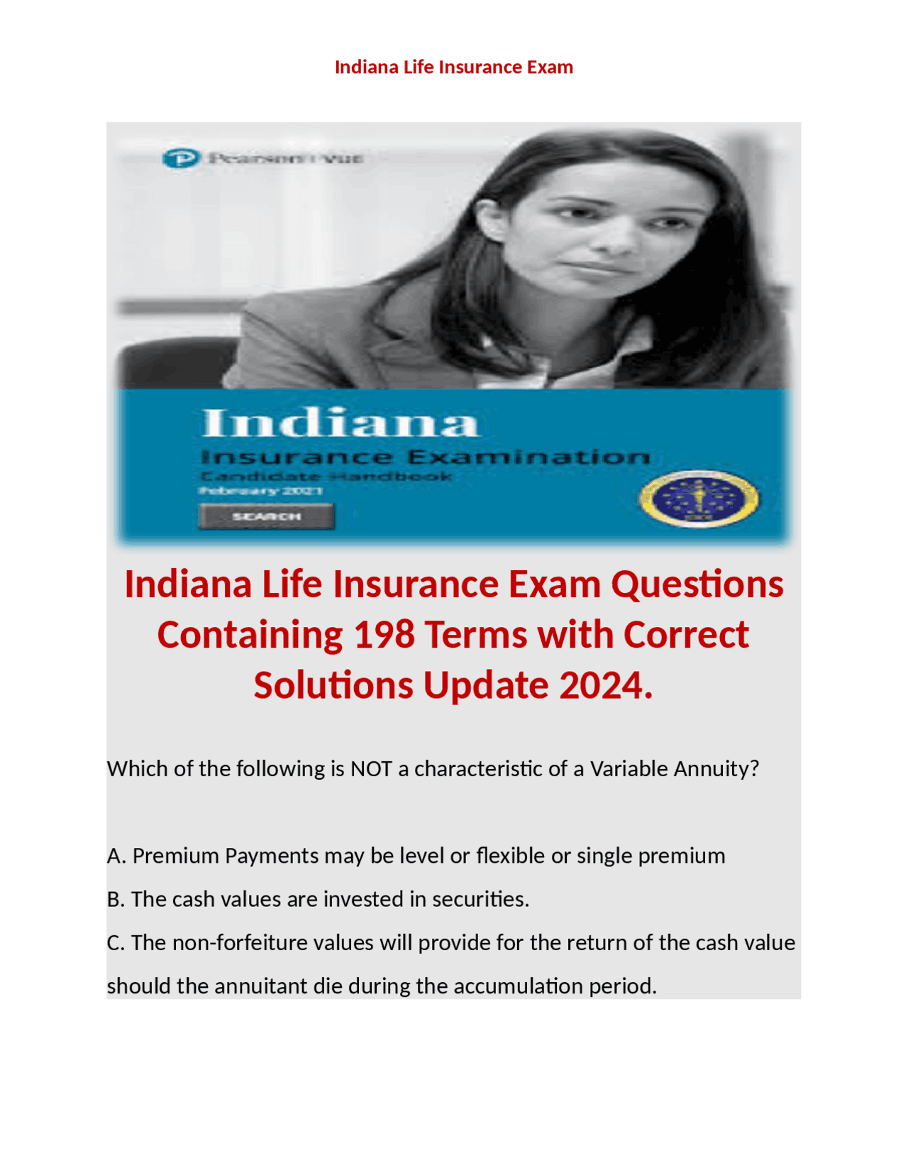 Indiana Life Insurance Exam Questions Exams Insurance Economics Docsity