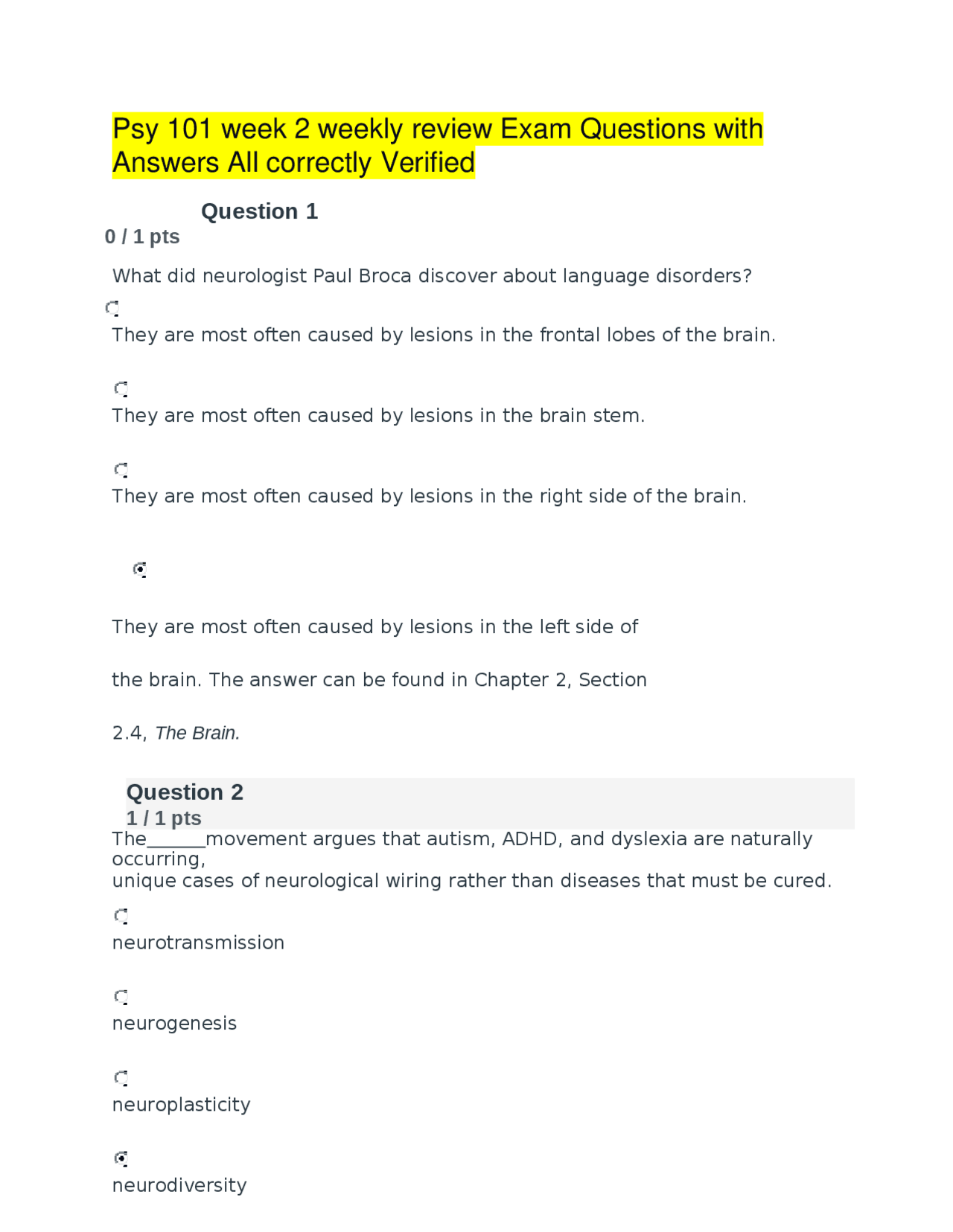 Psy 101 week 2 weekly review Exam Questions with Answers All correctly ...