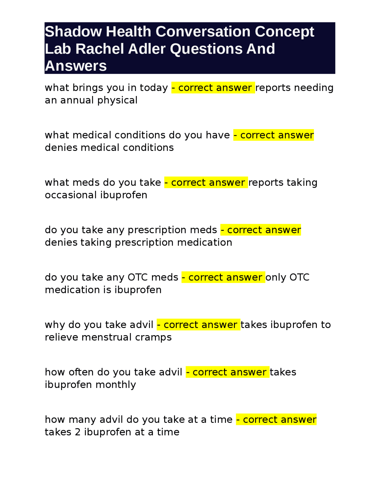 Shadow Health Conversation Concept Lab Rachel Adler Questions And