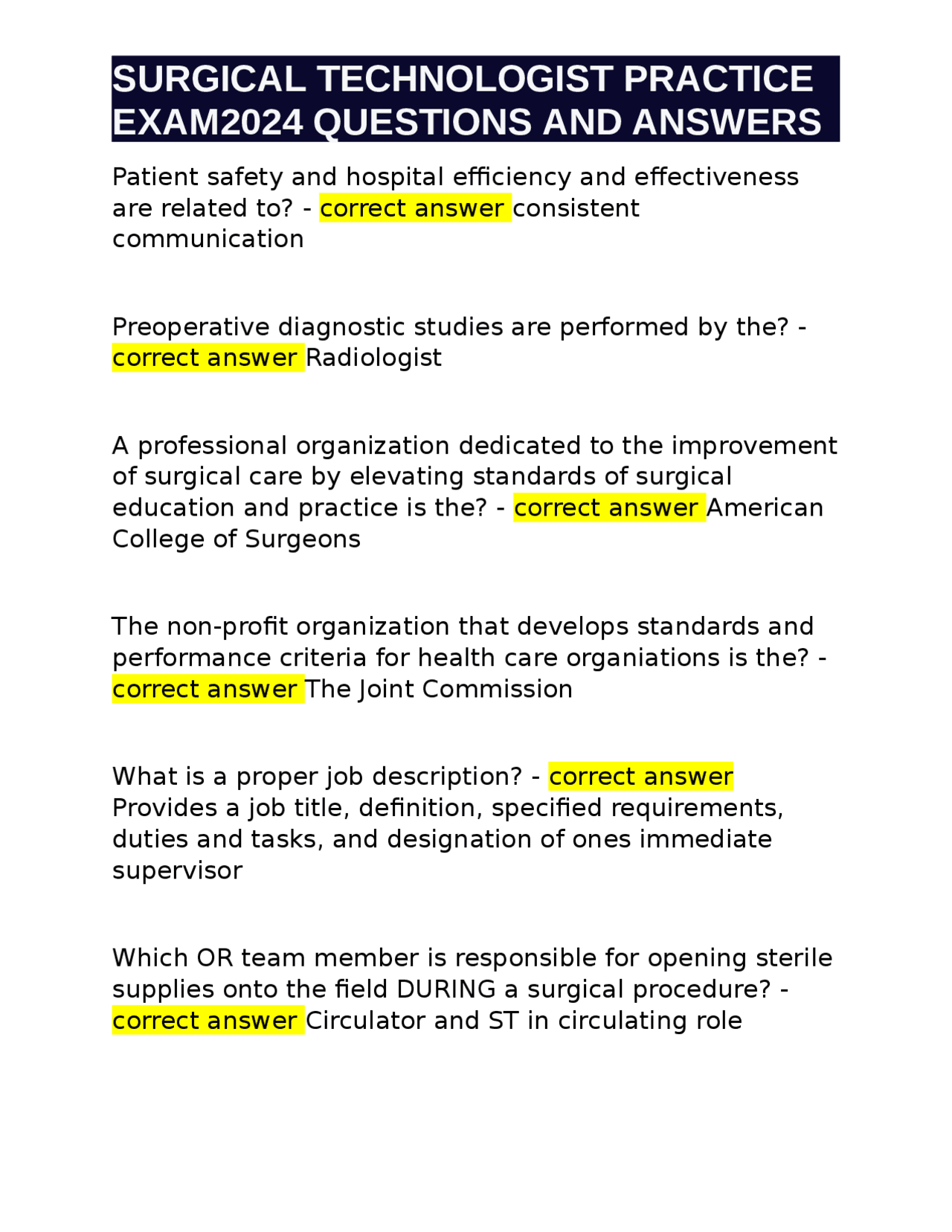 SURGICAL TECHNOLOGIST PRACTICE EXAM2024 QUESTIONS AND ANSWERS Exams
