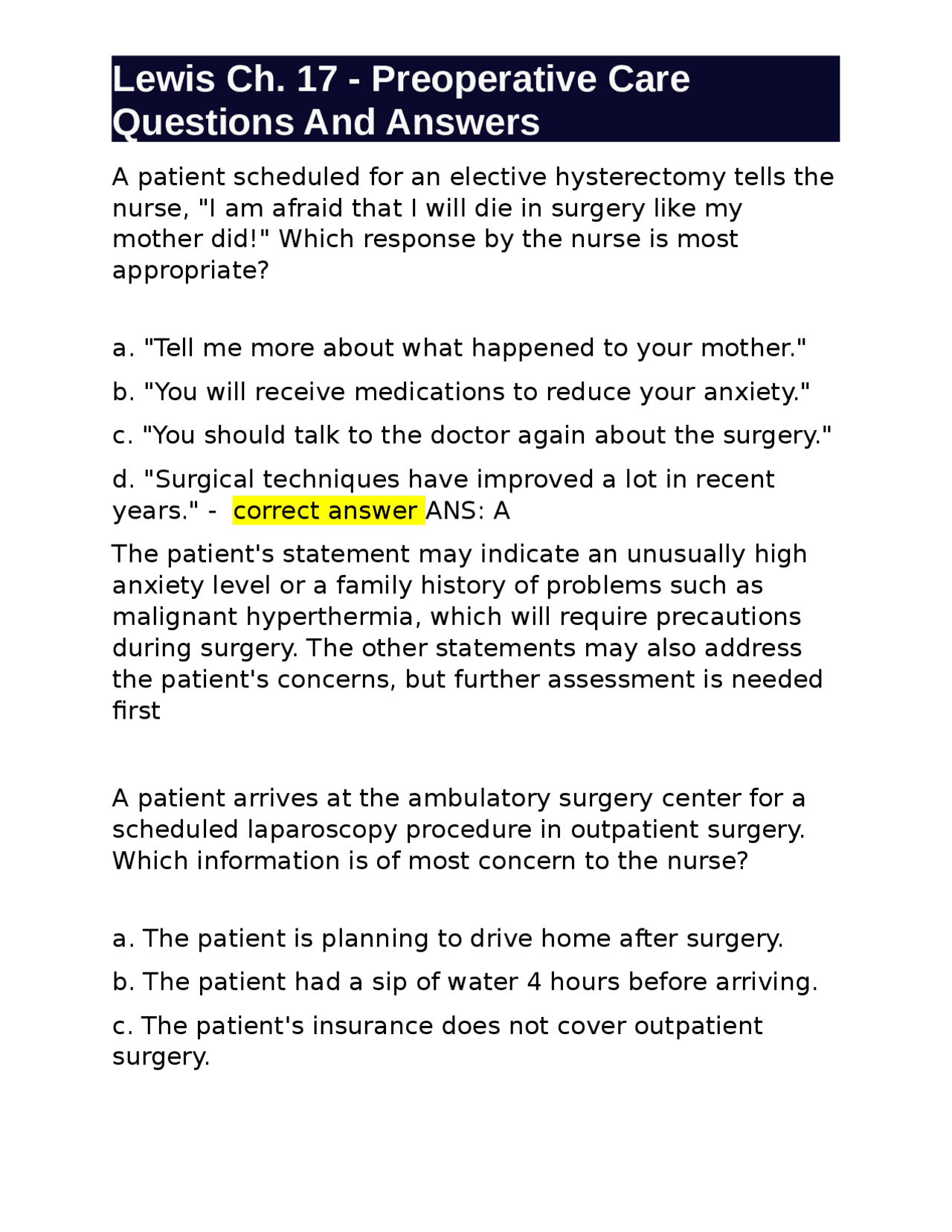 Pre Op Questions Preoperative Care: Questions and Answers - Nursing Assessments and ...