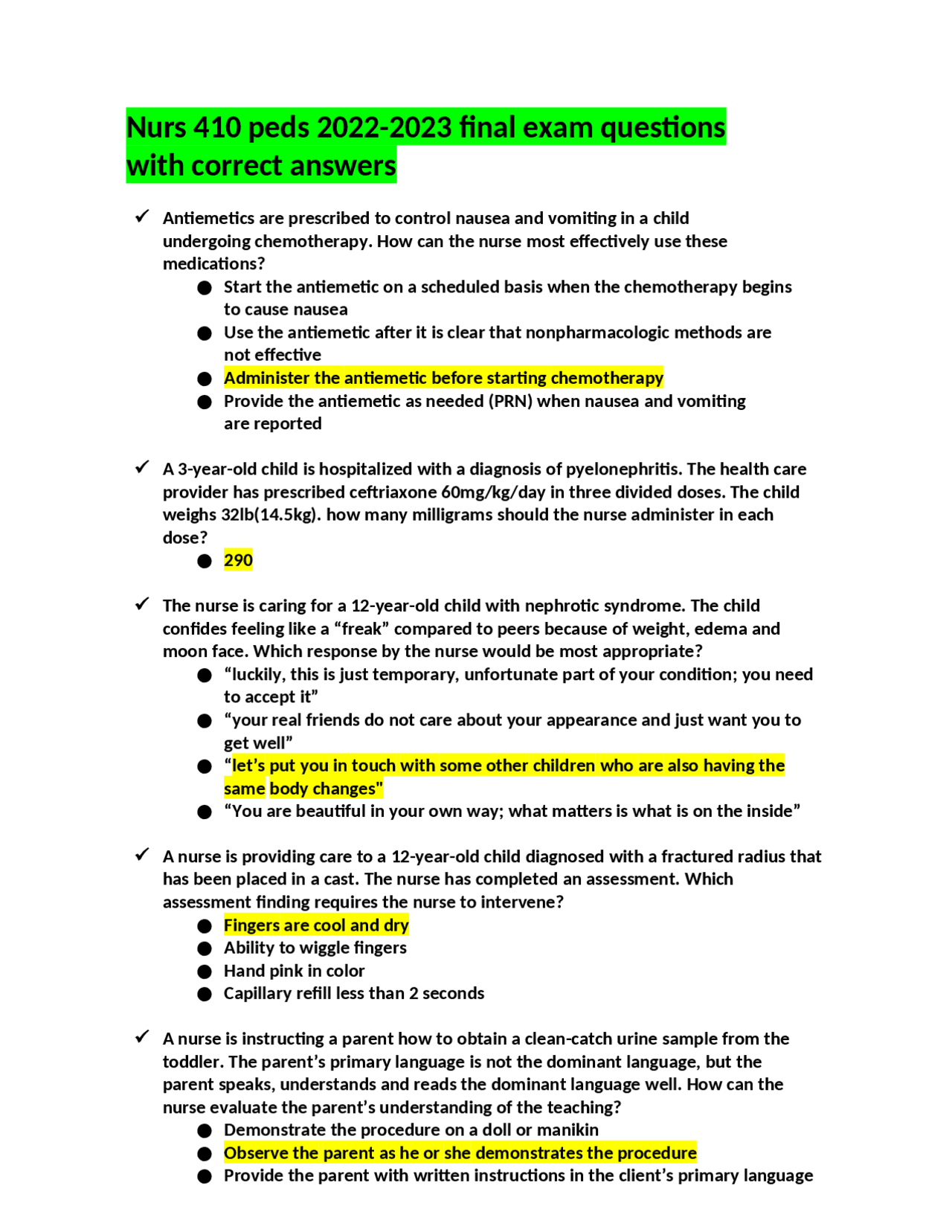 Nurs 410 peds 2022-2023 final exam questions with correct answers ...