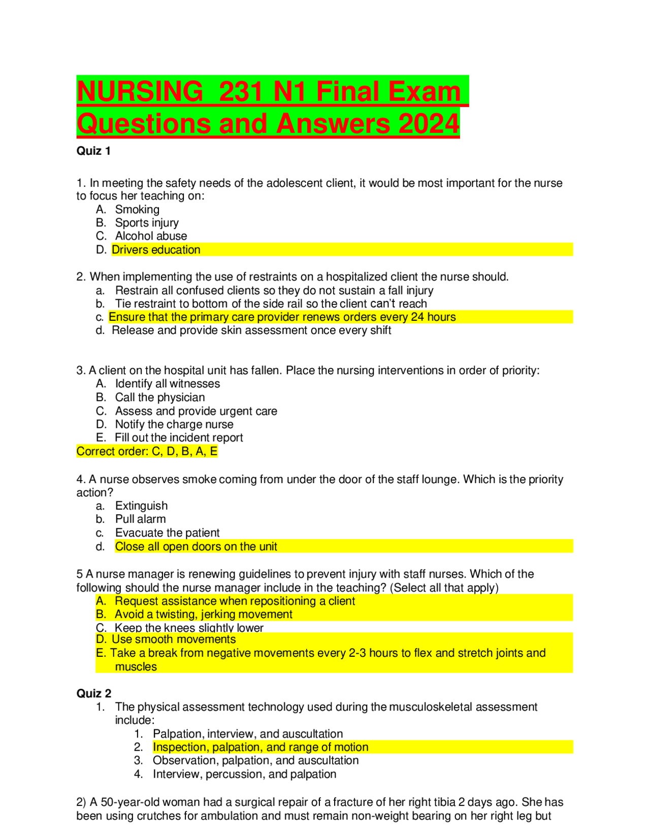 NURSING 231 N1 Final Exam Questions and Answers 2024.pdf | Exams ...