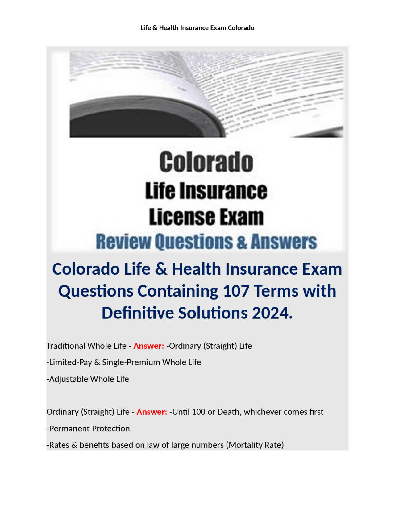 Colorado Life & Health Insurance Exam | Exams Nursing | Docsity