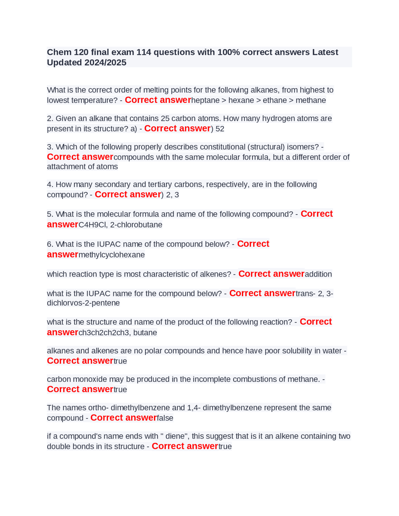 Chem 120 final exam 114 questions with 100% correct answers Latest ...