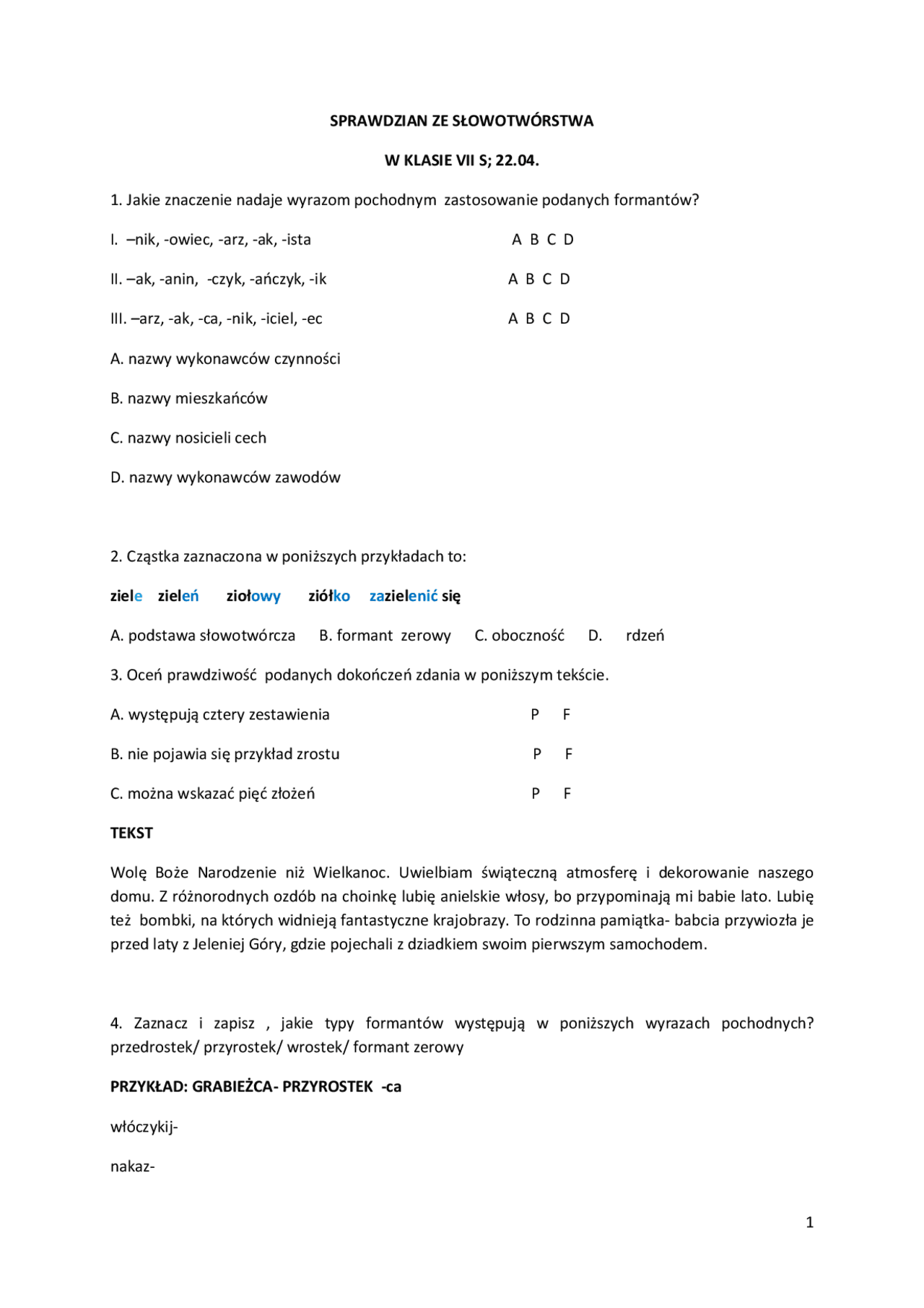 Słowotwórstwo ćwiczenia | Zadania Język polski | Docsity