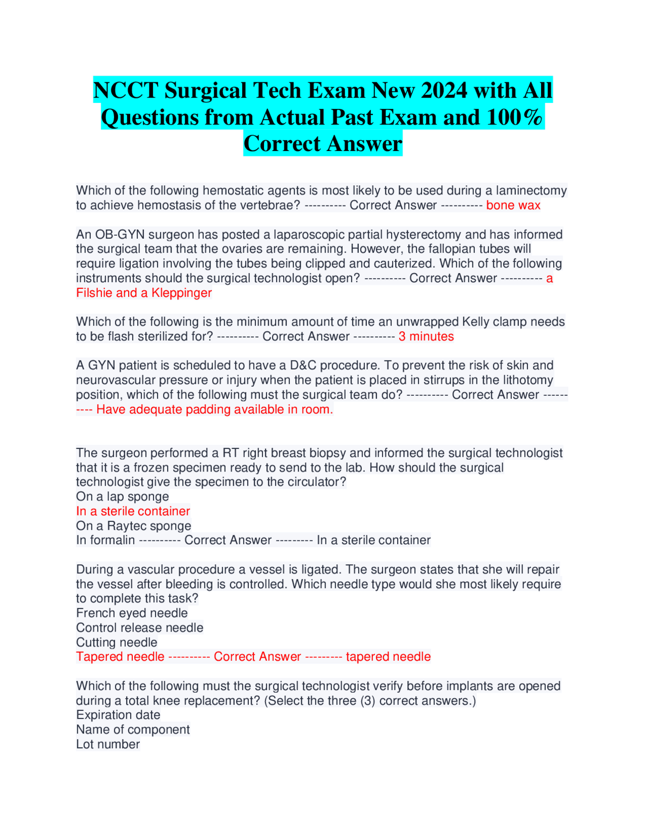 NCCT Surgical Tech Exam New 2024 with All Questions from Actual Past