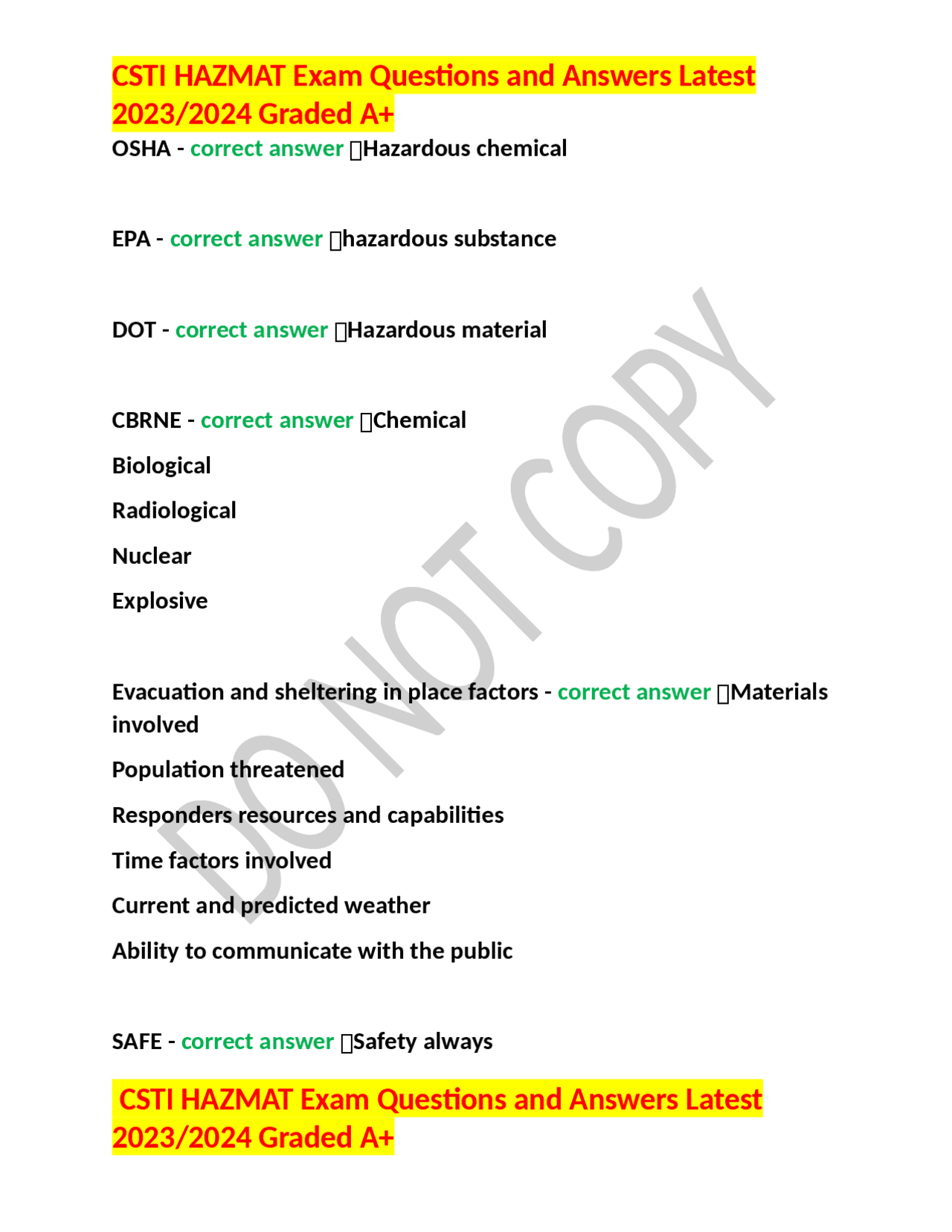 Csti Hazmat Exam Questions And Answers Latest 2023 2024 Graded A