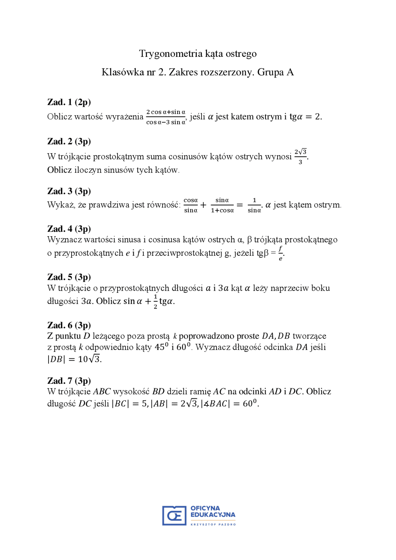 Matematyka 2 Nowa Era Sprawdzian Trygonometria www.docsity.com