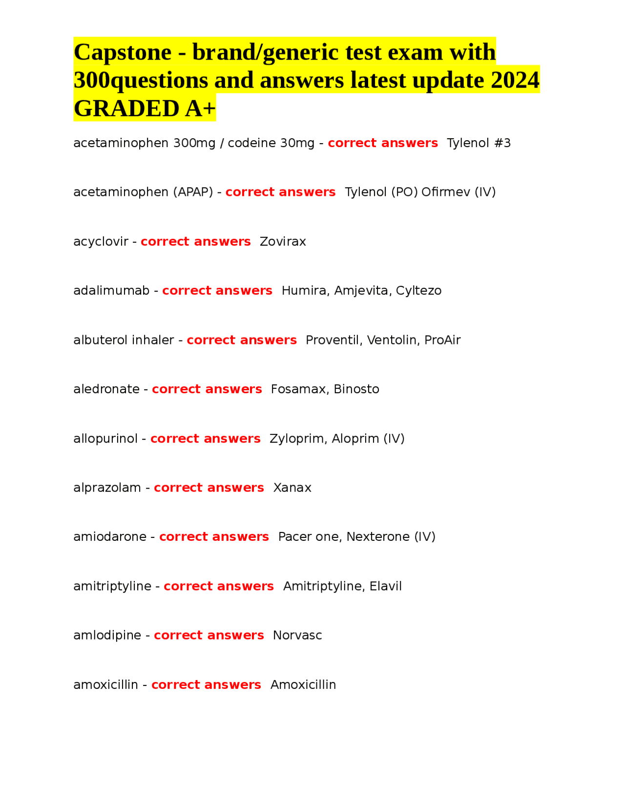 Generic Test Example Capstone - brand/generic test exam with 300questions and answers latest ...