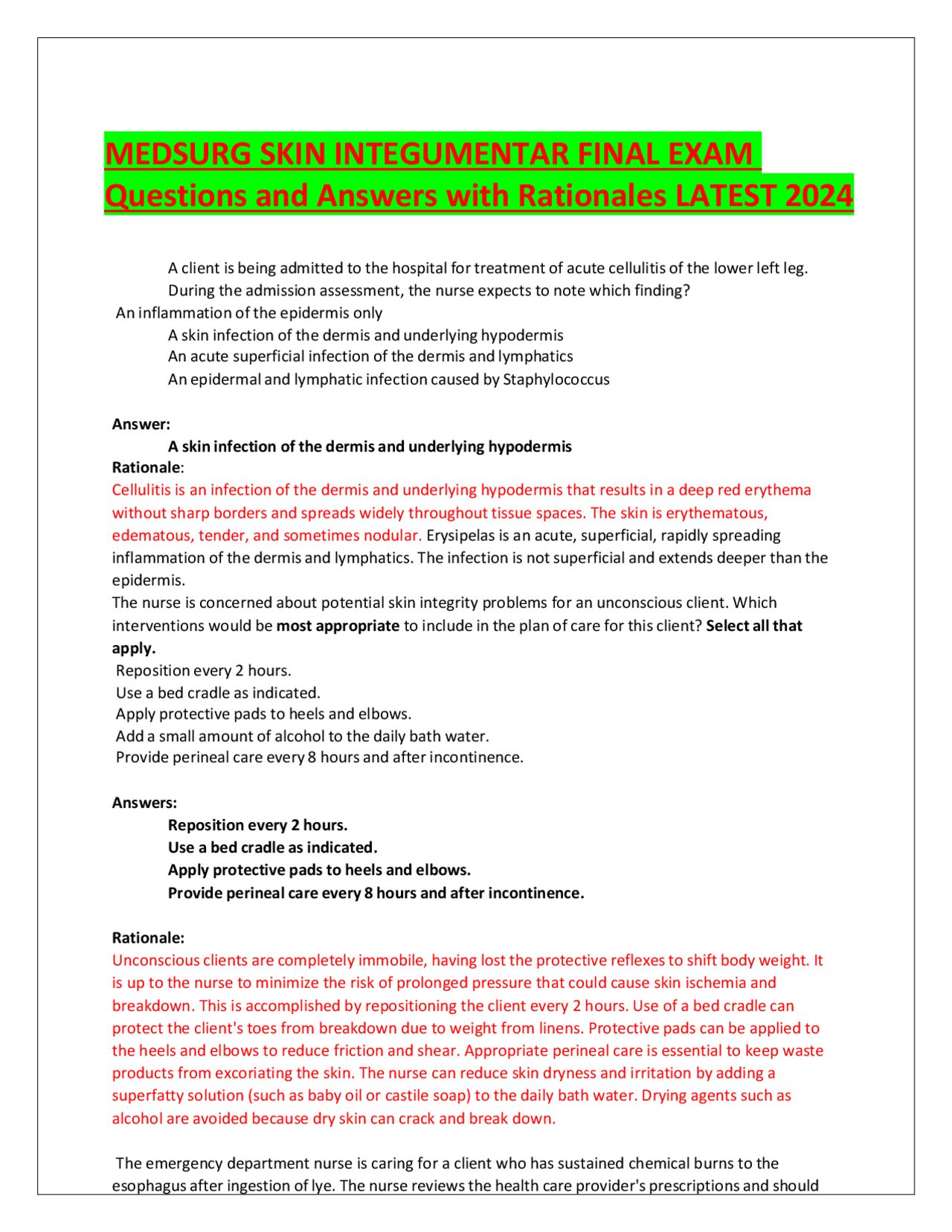 Nursing Exam Questions and Answers for Skin Integrity Wounds and Burns