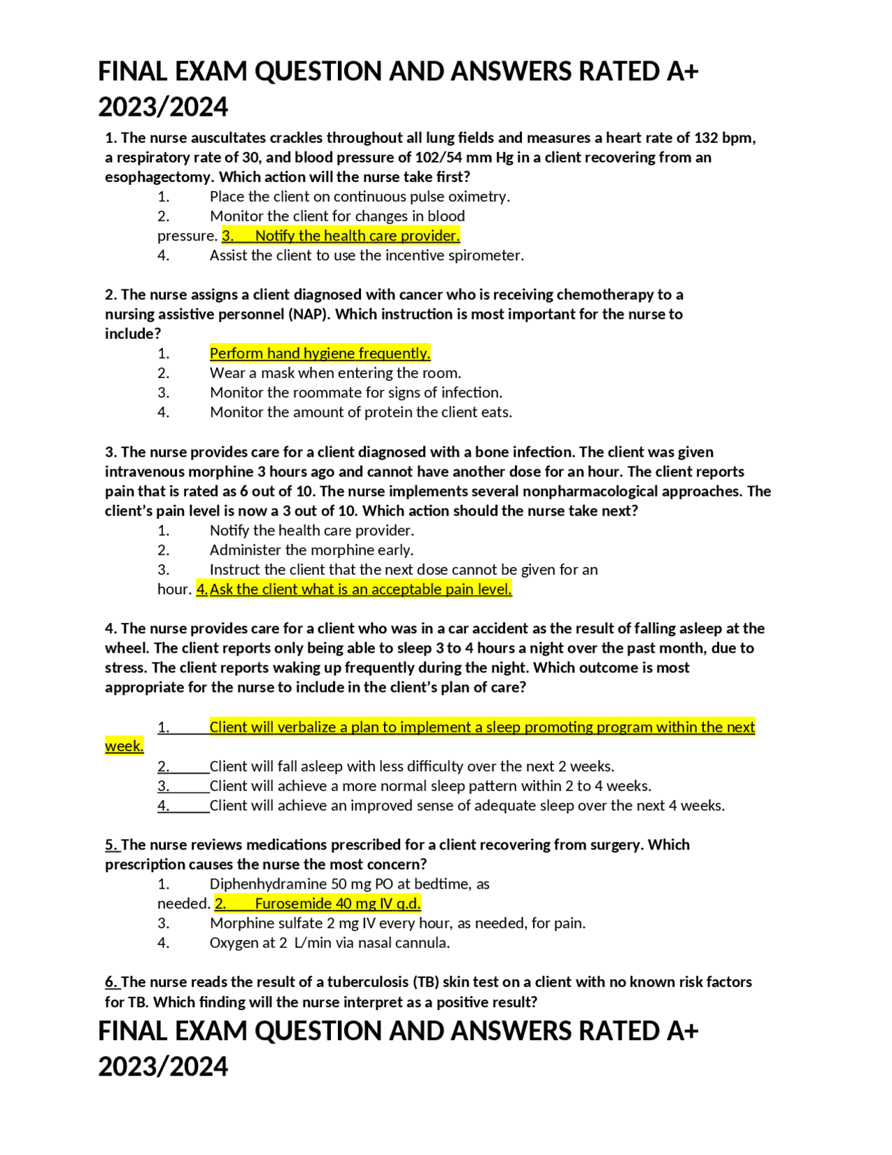 FINAL EXAM QUESTION AND ANSWERS RATED A+ 2023/2024 | Exams Nursing ...