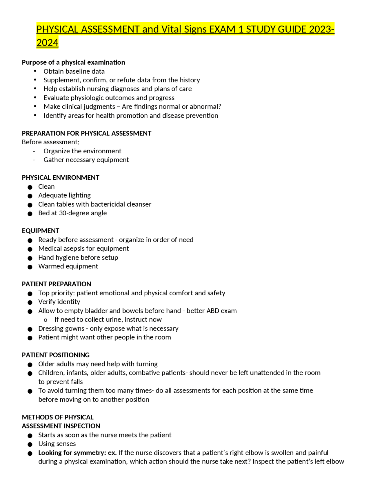 PHYSICAL ASSESSMENT and Vital Signs EXAM 1 STUDY GUIDE 2023-2024 ...