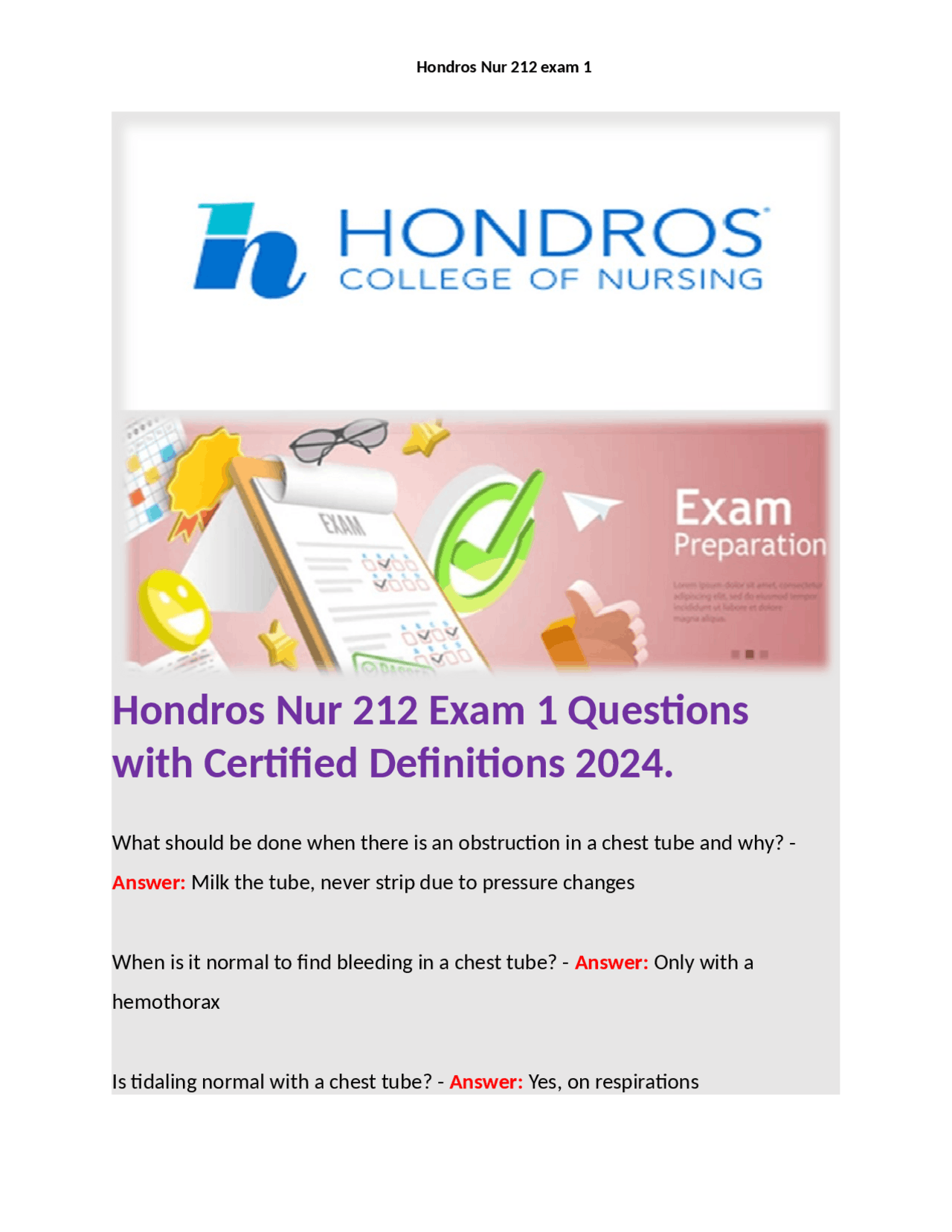 Hondros Nur 212 Exam 1: Nursing Questions and Answers | Exams Nursing ...