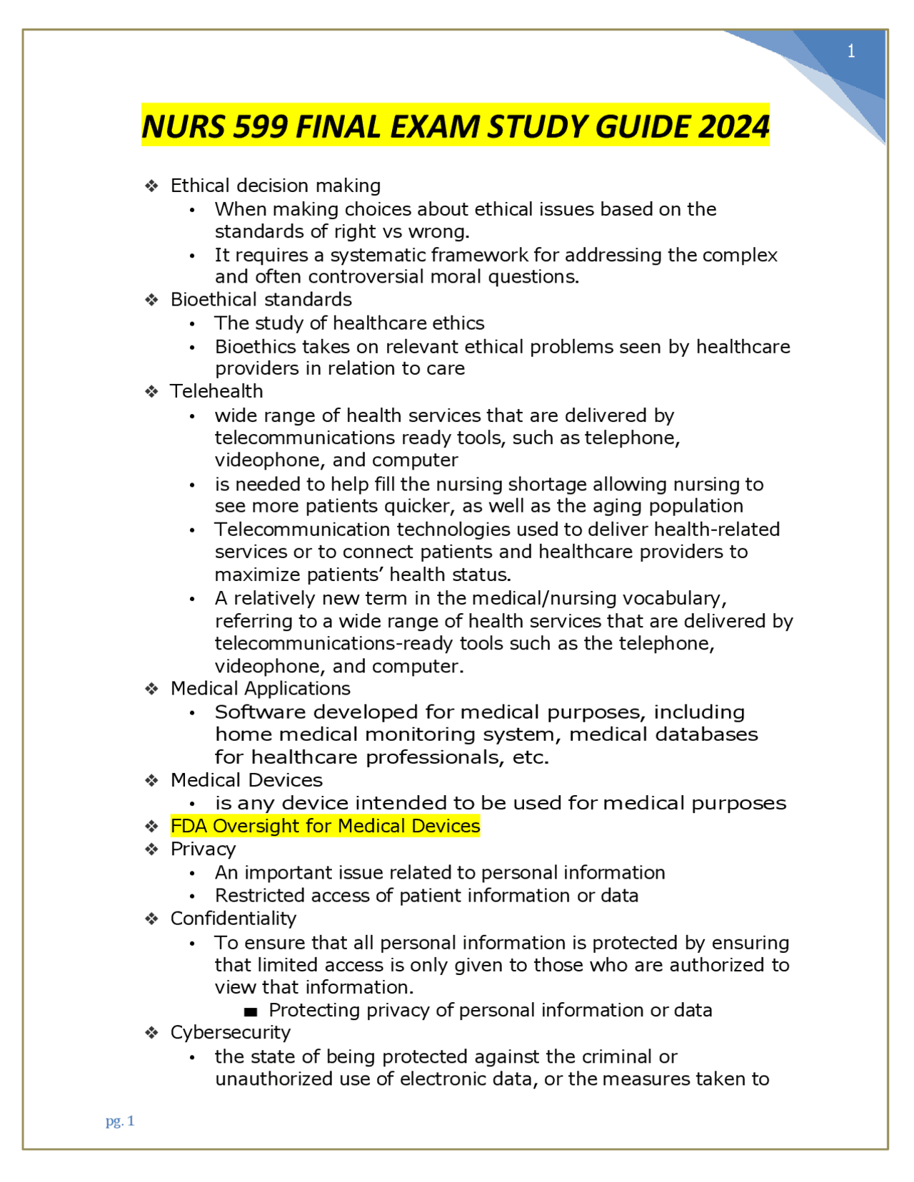 NURS 599 FINAL EXAM STUDY GUIDE 2024/2025 | Exams Nursing | Docsity