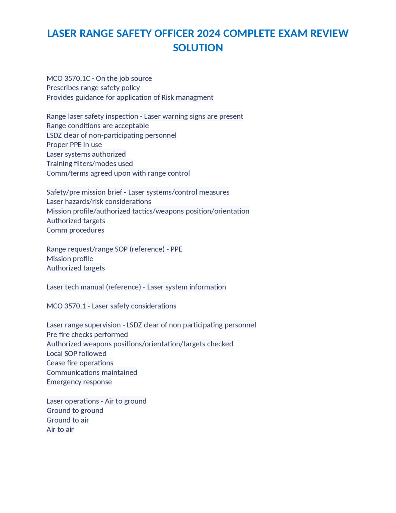 Laser Range Safety Officer Exam Review Laser Safety Policies and