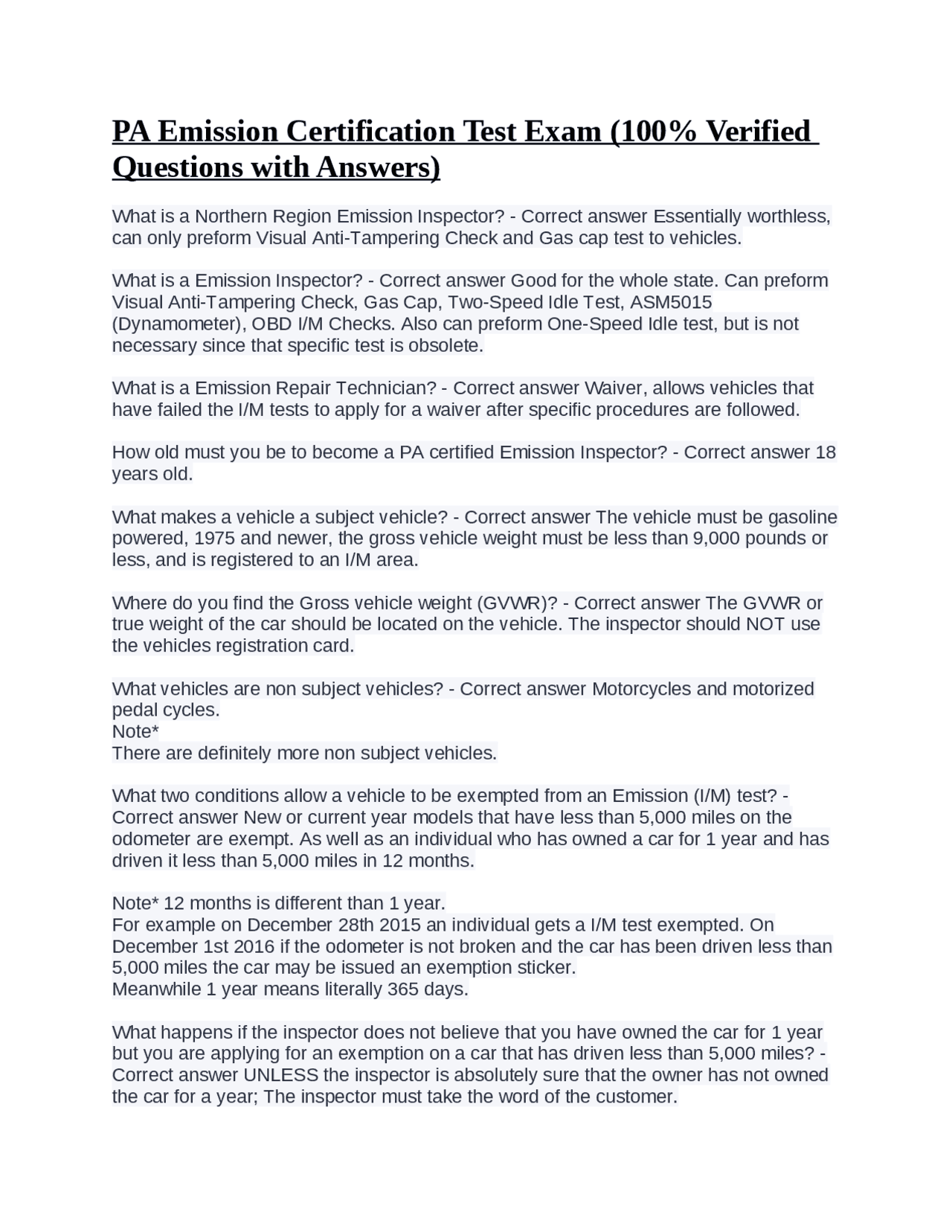 Roles in PA Emission Test: Inspectors, Technicians, and Exemptions