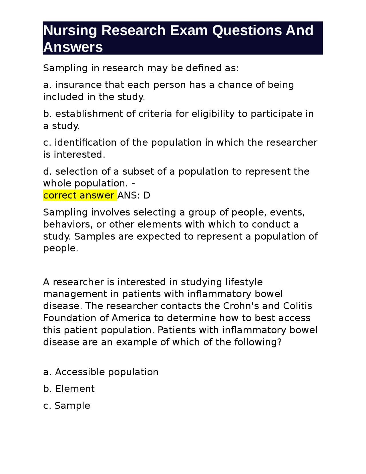 Nursing Research Exam Questions and Answers: Sampling in Research ...
