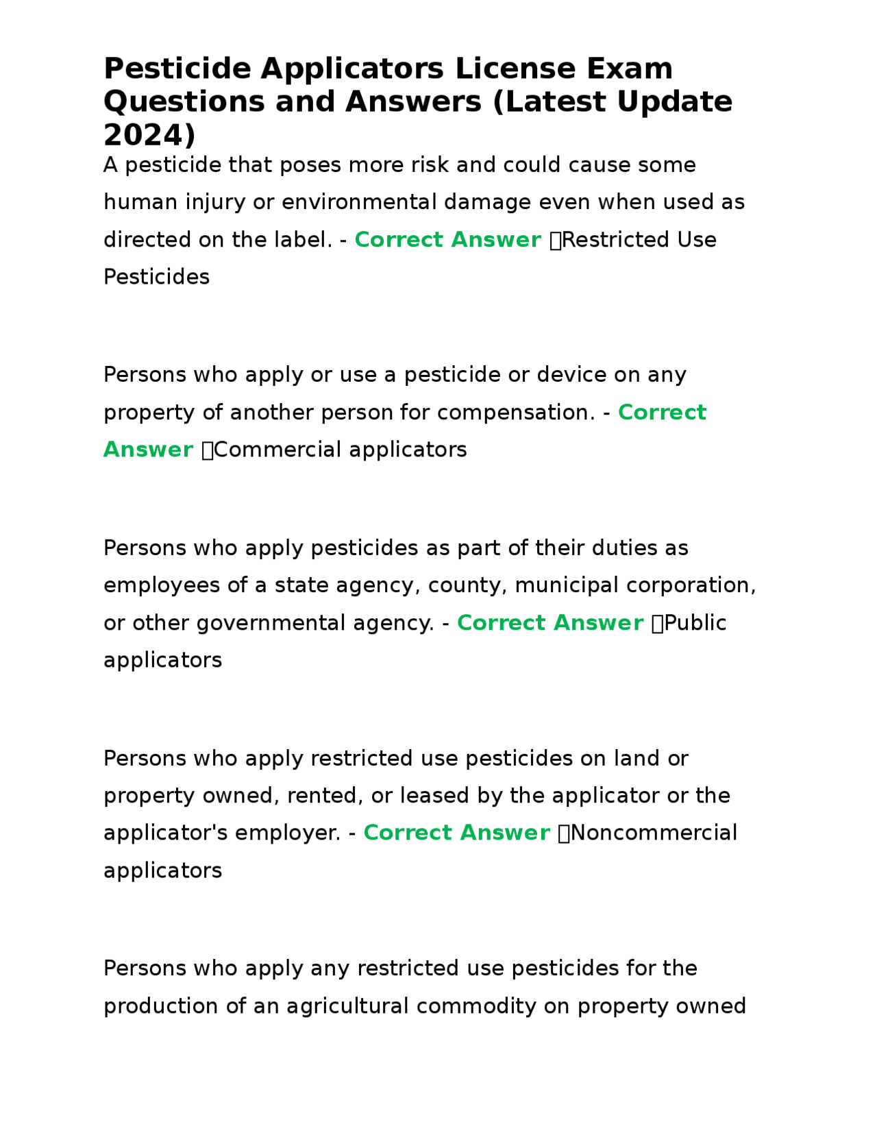 Pesticide Applicators License Exam Questions and Answers (Latest Update
