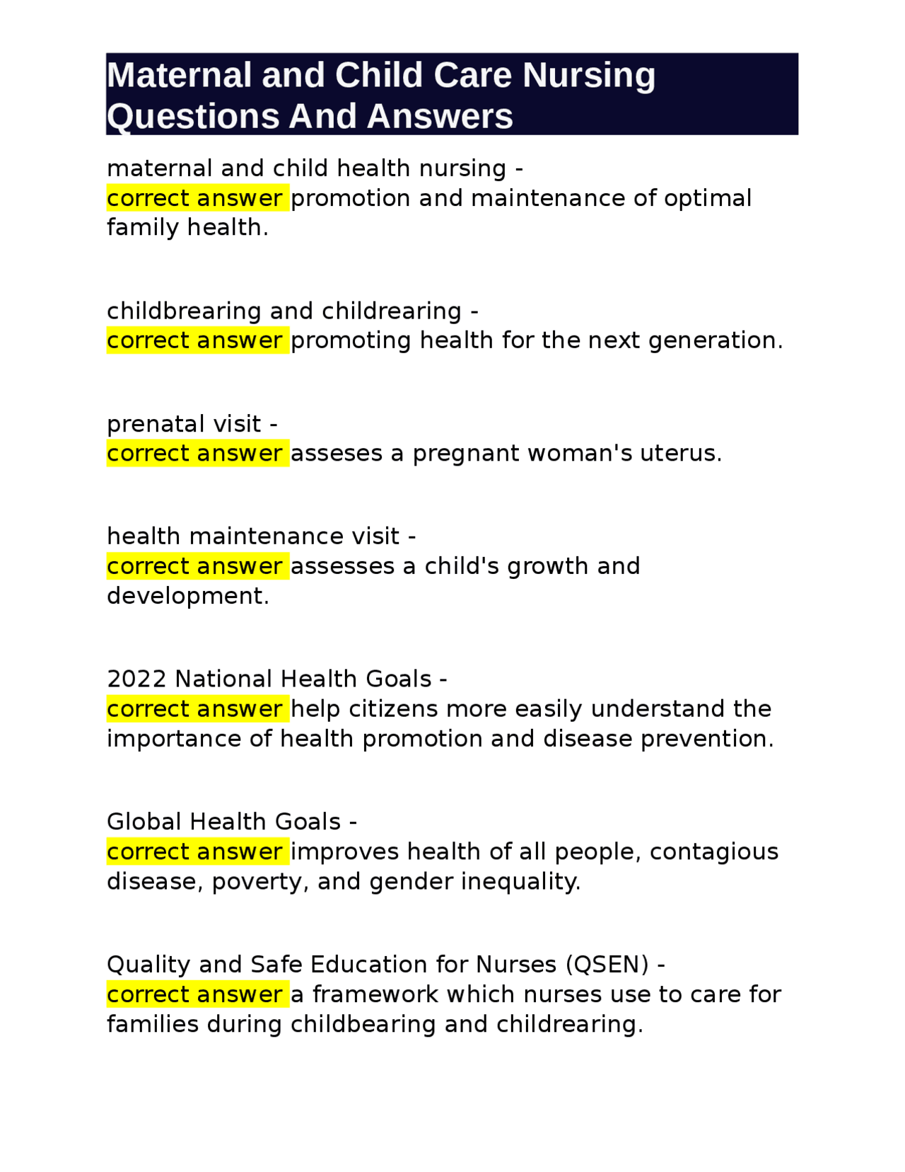Q&A on Maternal & Child Nursing Global Health Goals, Reproductive