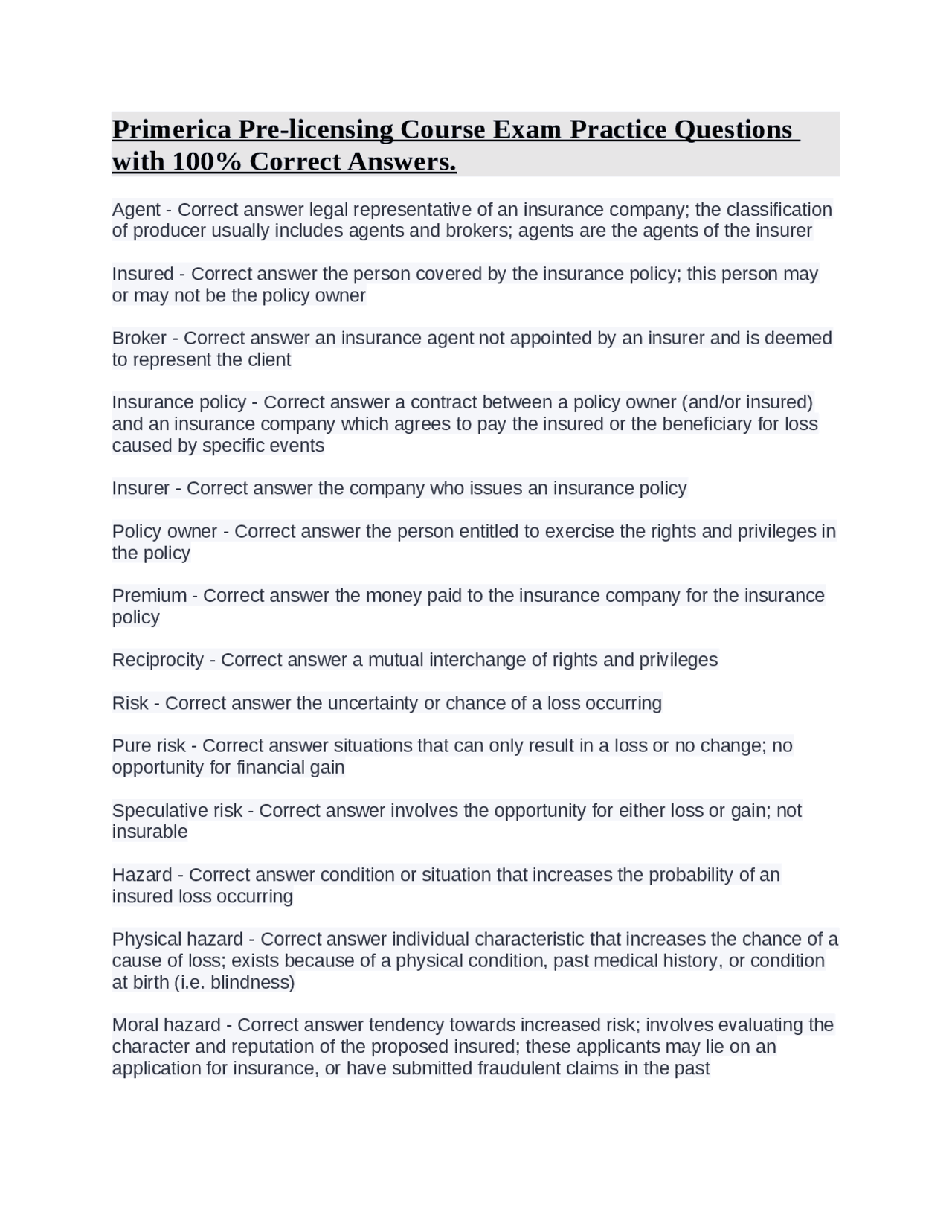 Primerica Prelicensing Course Exam Practice Questions with 100 Correct Answers. Exams