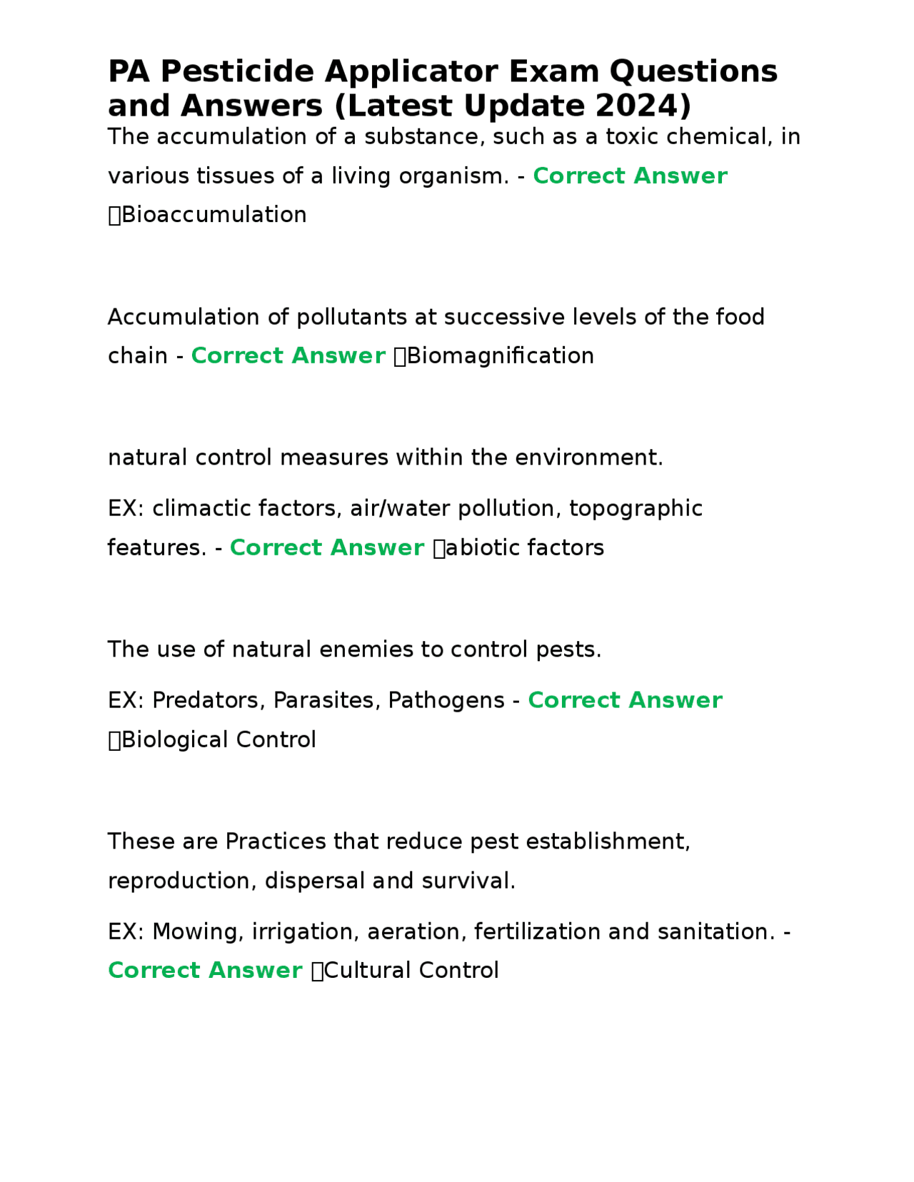 2024 PA Pesticide Exam Q&A Pest Control Methods & Regulations