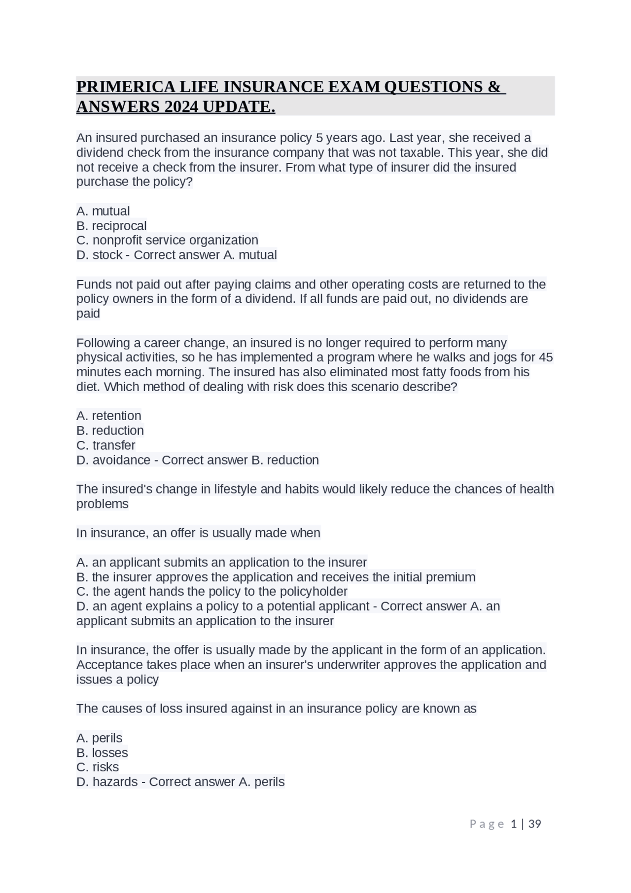 PRIMERICA LIFE INSURANCE EXAM QUESTIONS & ANSWERS 2024 UPDATE. Exams