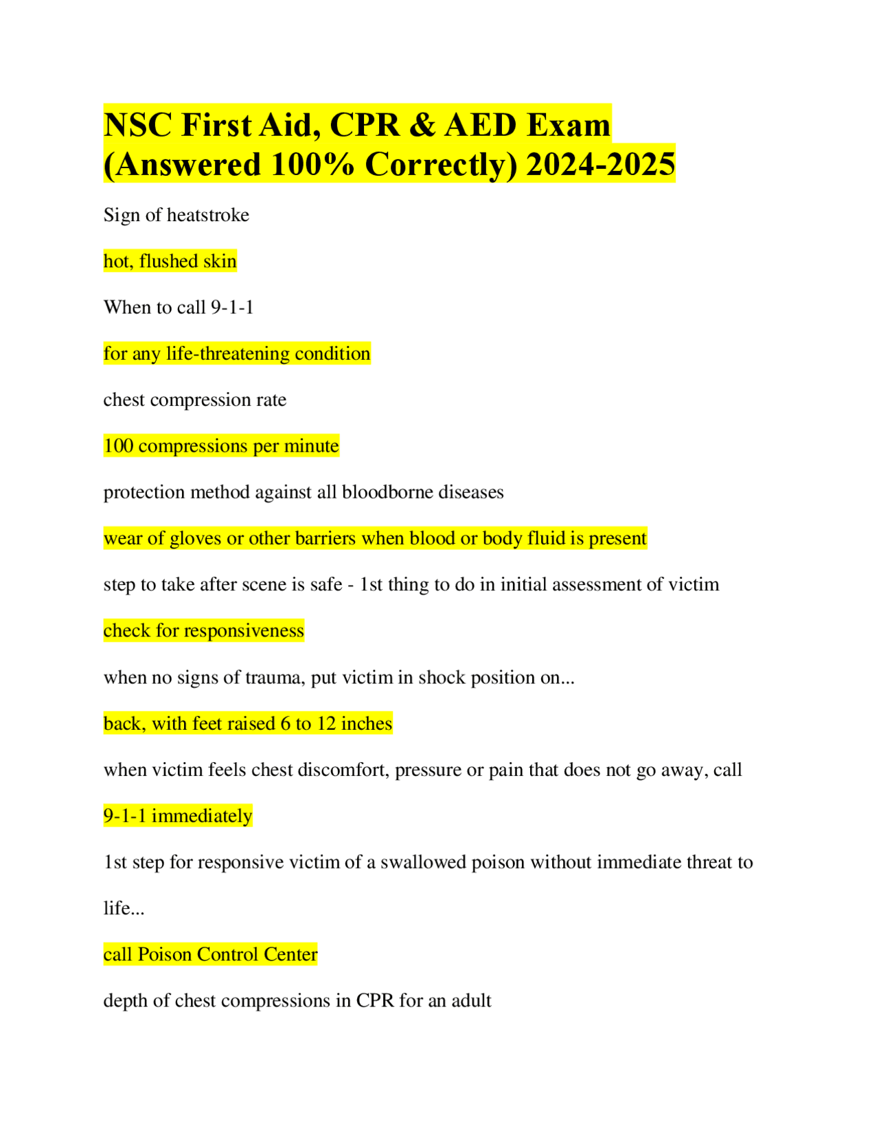 NSC First Aid, CPR & AED Exam (Answered 100 Correctly) 20242025