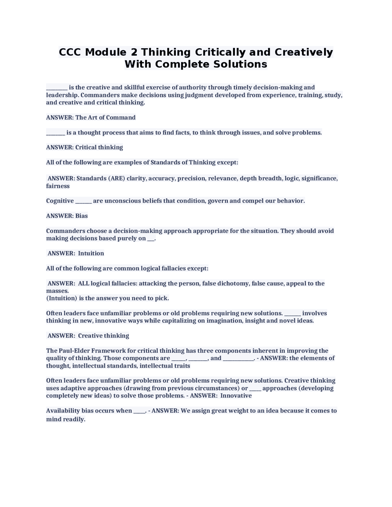 CCC Module 2 Thinking Critically and Creatively With Complete Solutions ...