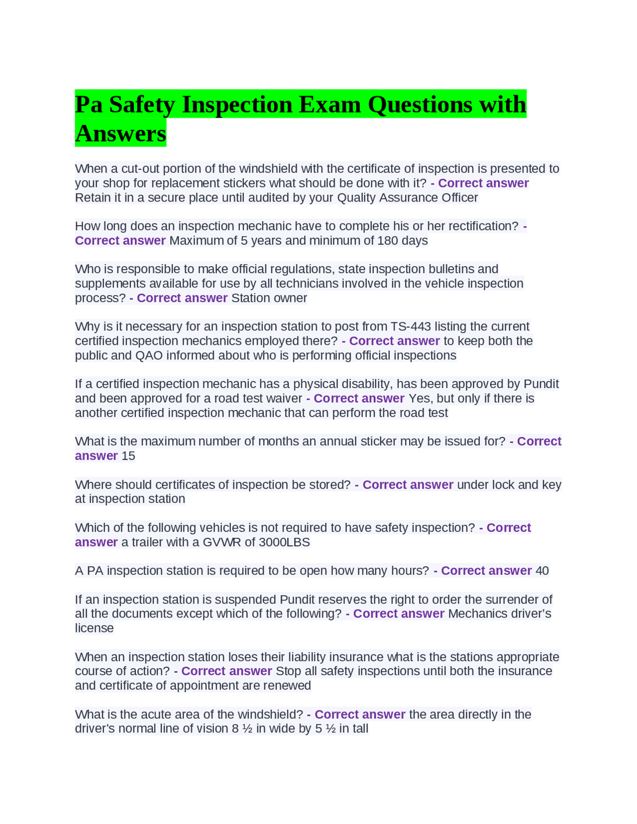 Pa Safety Inspection Exam Questions with Answers Exams Nursing Docsity