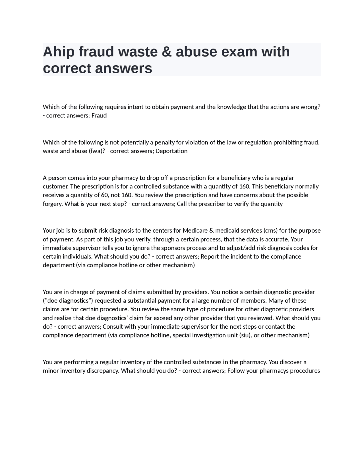 Ahip Fraud, Waste &amp; Abuse Exam: Answers and Questions | Exams Nursing | Docsity