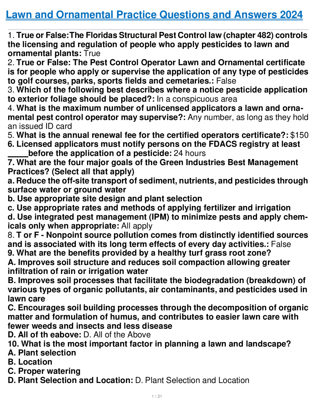 Lawn and Ornamental Practice Questions and Answers for 2024 Exams
