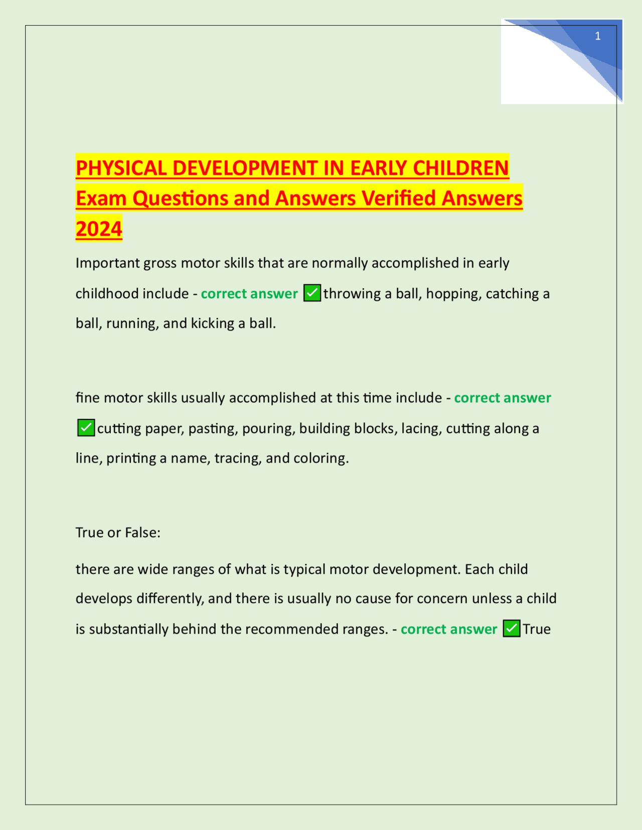 PHYSICAL DEVELOPMENT IN EARLY CHILDREN Exam Questions and Answers ...