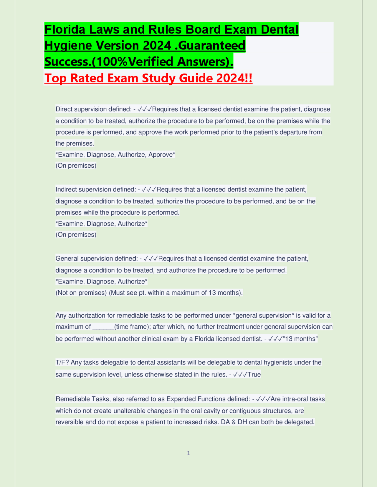 Florida Laws and Rules Board Exam Dental Hygiene Version 2024