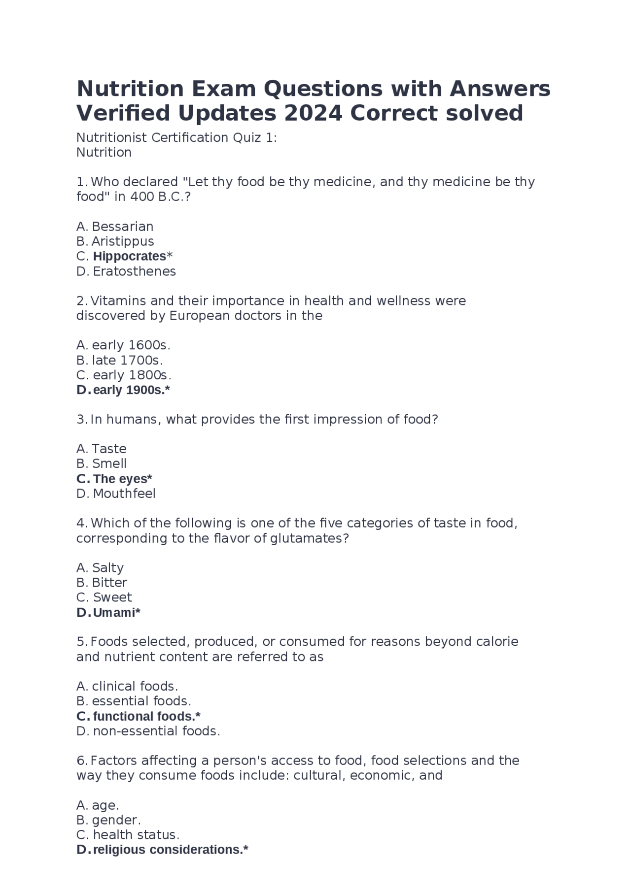 Nutrition Exam Questions with Answers Verified Updates 2024 Correct ...
