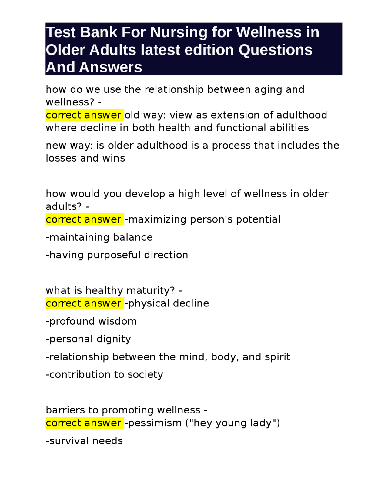 Test Bank For Nursing for Wellness in Older Adults latest edition ...