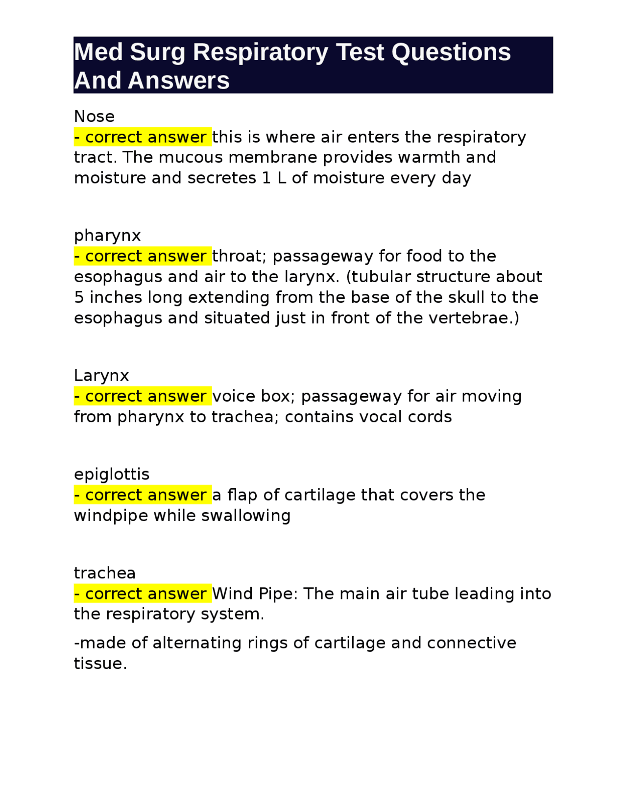 Respiratory System: Med Surg Test Q&A on Anatomy | Exams Nursing | Docsity