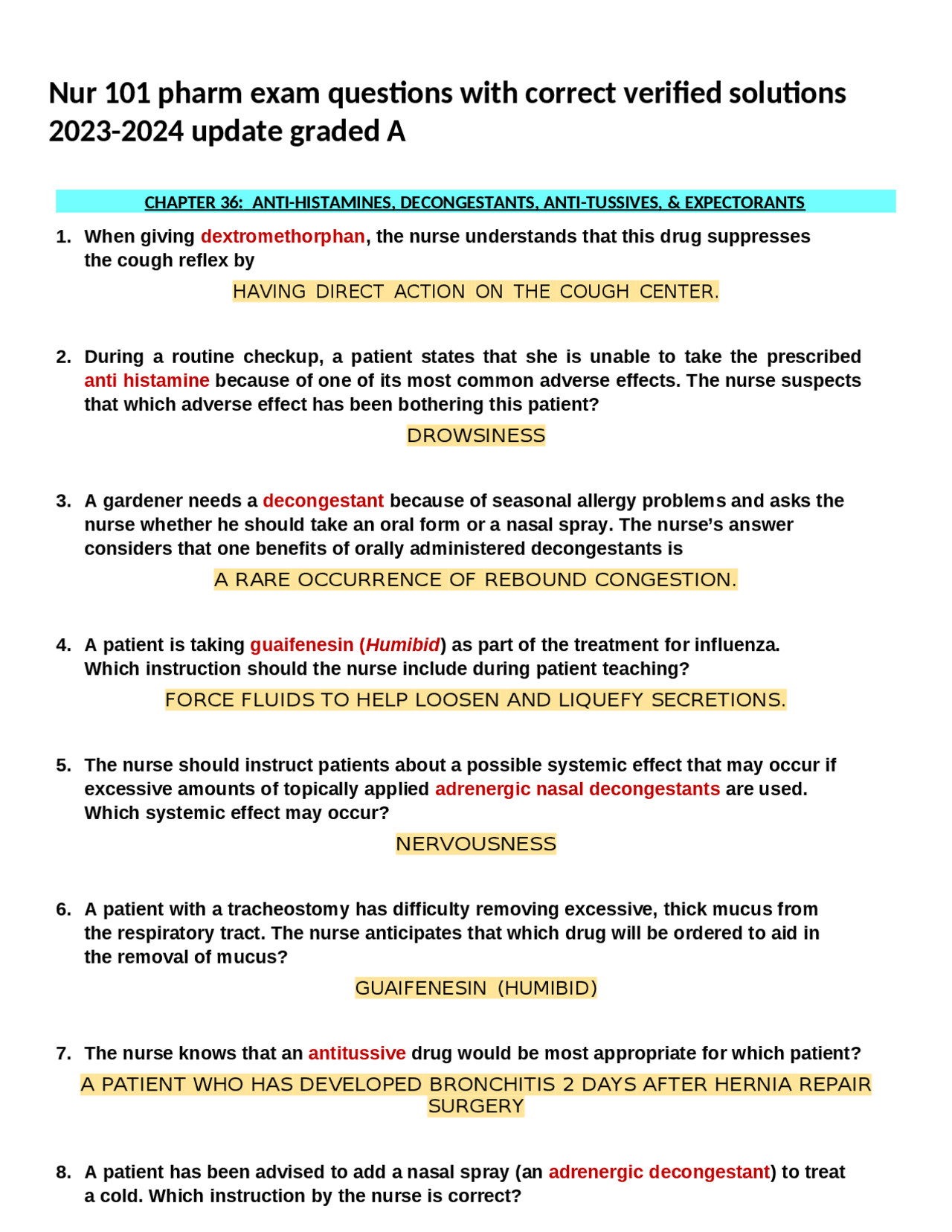 Nur 101 pharm exam questions with correct verified solutions 2023-2024 ...