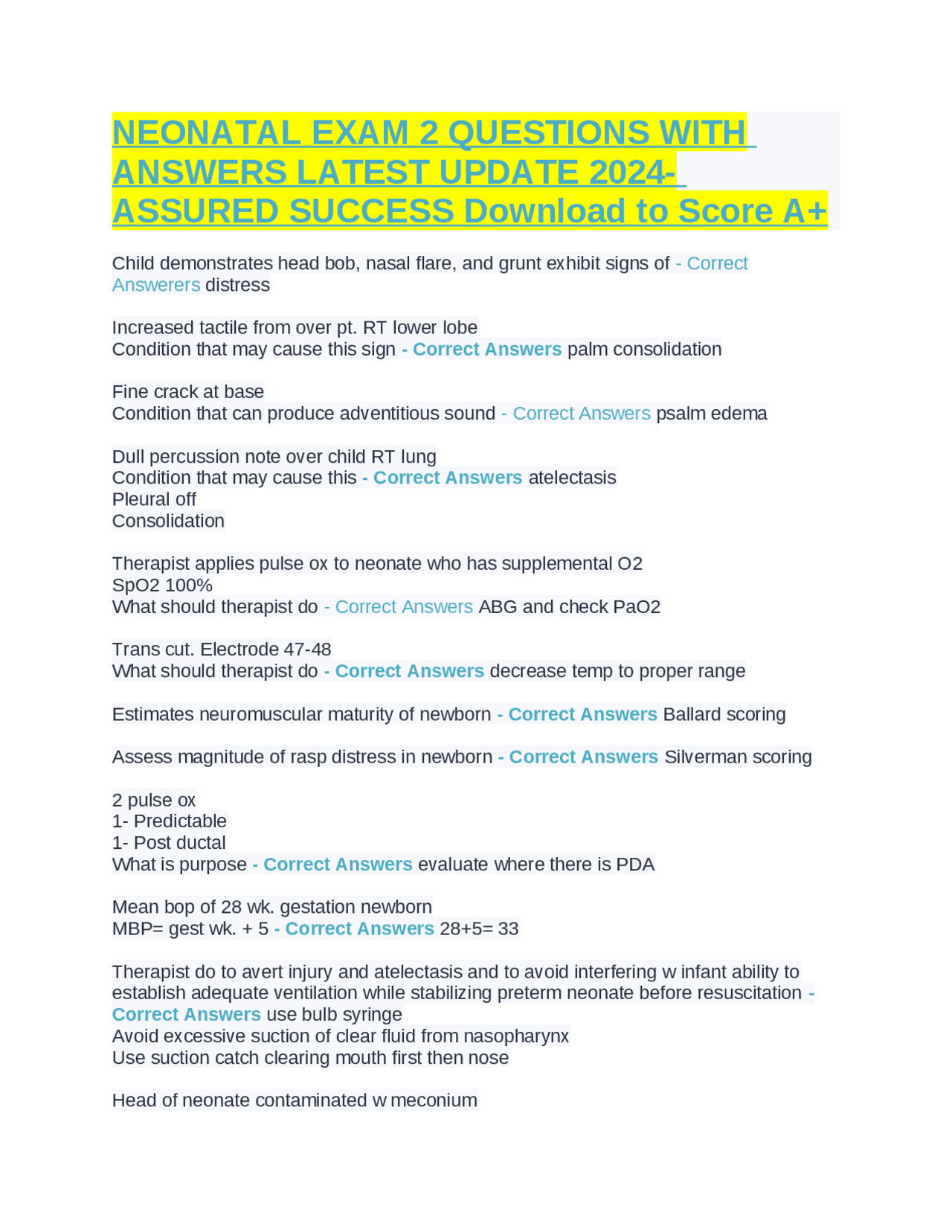 NEONATAL EXAM 2 QUESTIONS WITH ANSWERS LATEST UPDATE 2024- ASSURED ...