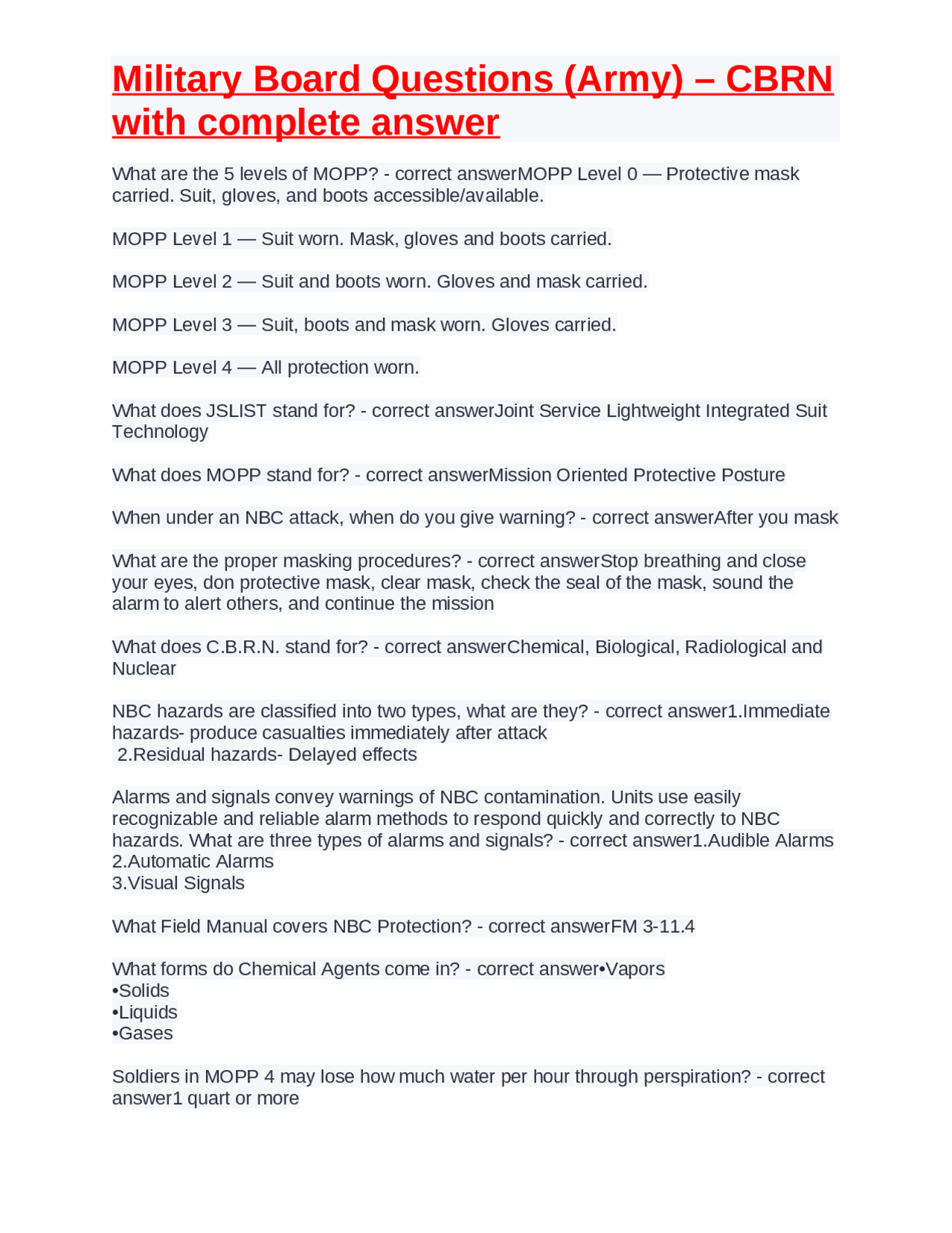 Military Board Questions (Army) CBRN with complete answer Exams Military leadership Docsity
