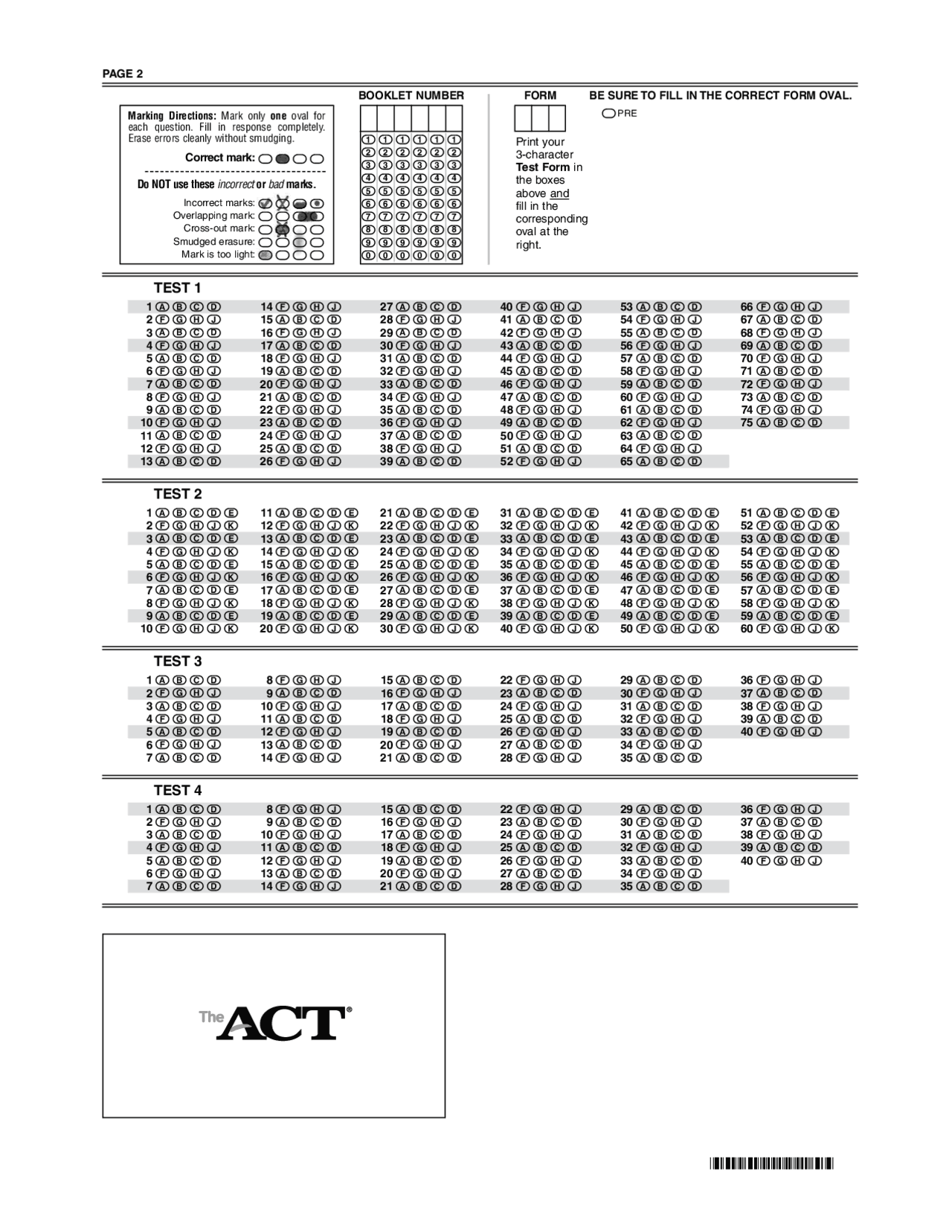 ACT Test Booklet Instructions and Marking Directions | Summaries ...