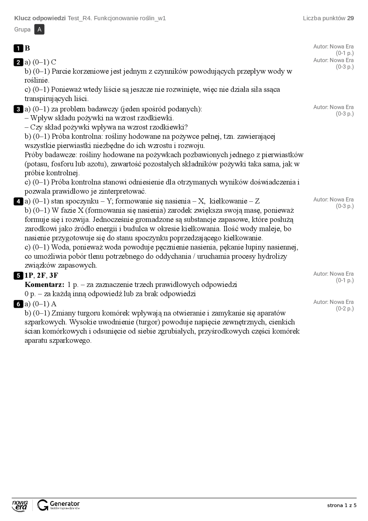 sprawdzian wiedzy z fun. roslin | Testy Biologia | Docsity