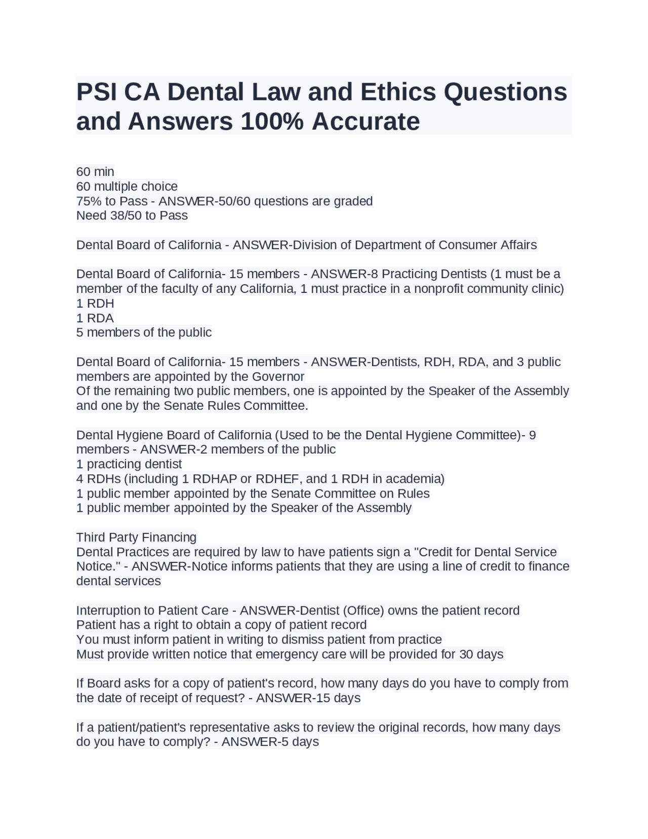 PSI CA Dental Law and Ethics Questions and Answers 100% Accurate ...