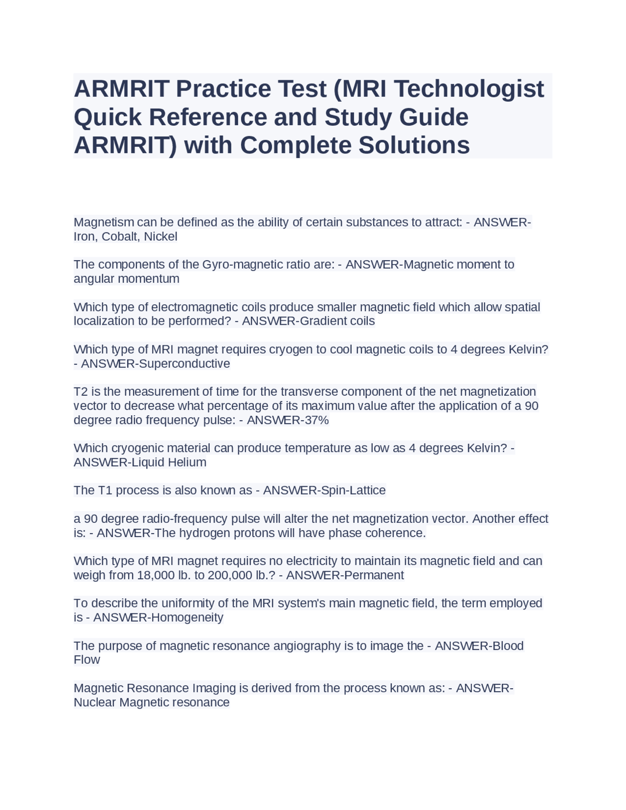 ARMRIT Practice Test (MRI Technologist Quick Reference and Study Guide