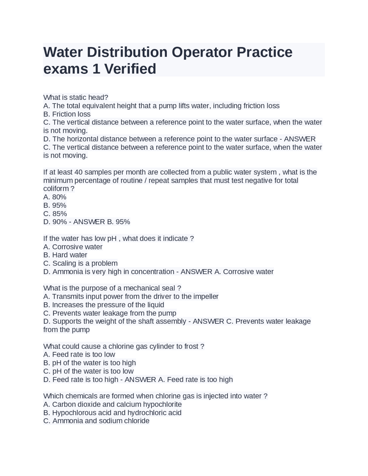 Water Distribution Operator Practice exams 1 Verified Exams
