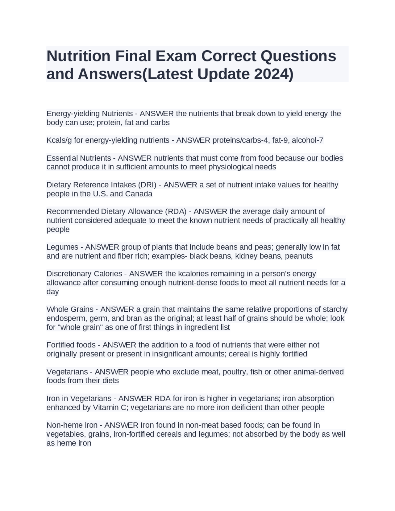 Nutrition Final Exam Correct Questions And Answers Latest Update 2024