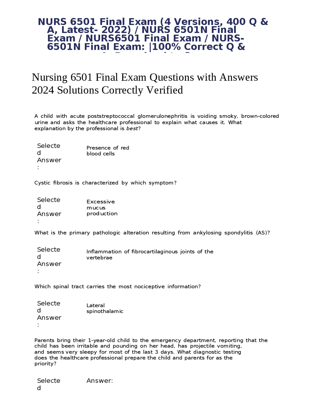 Nursing Final Exam Questions and Answers for NURS 6501, 2024 | Exams ...