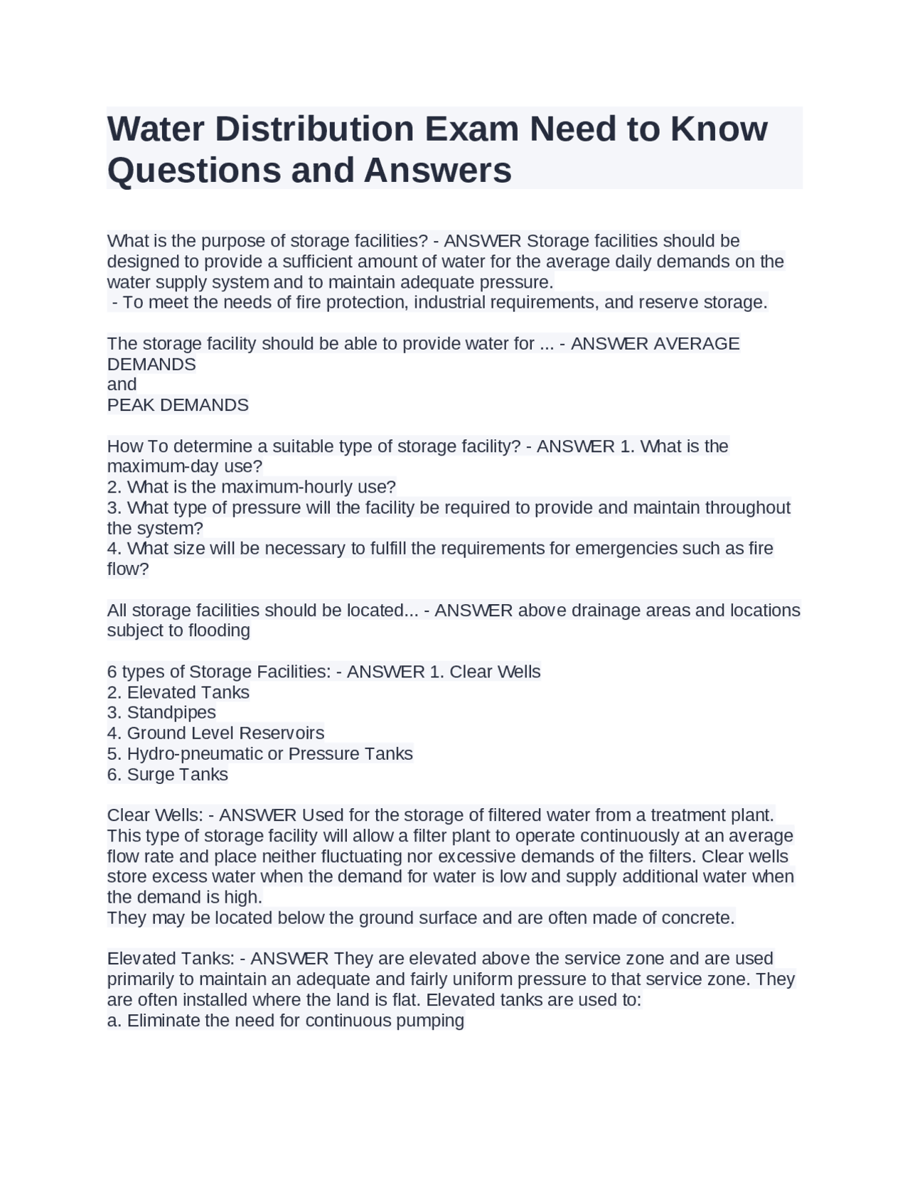 Water Distribution Exam Need to Know Questions and Answers Exams