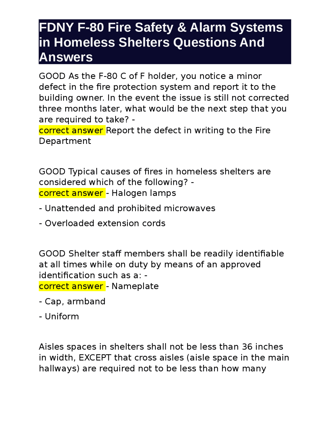 FDNY F80 Fire Safety & Alarm Systems in Homeless Shelters Questions