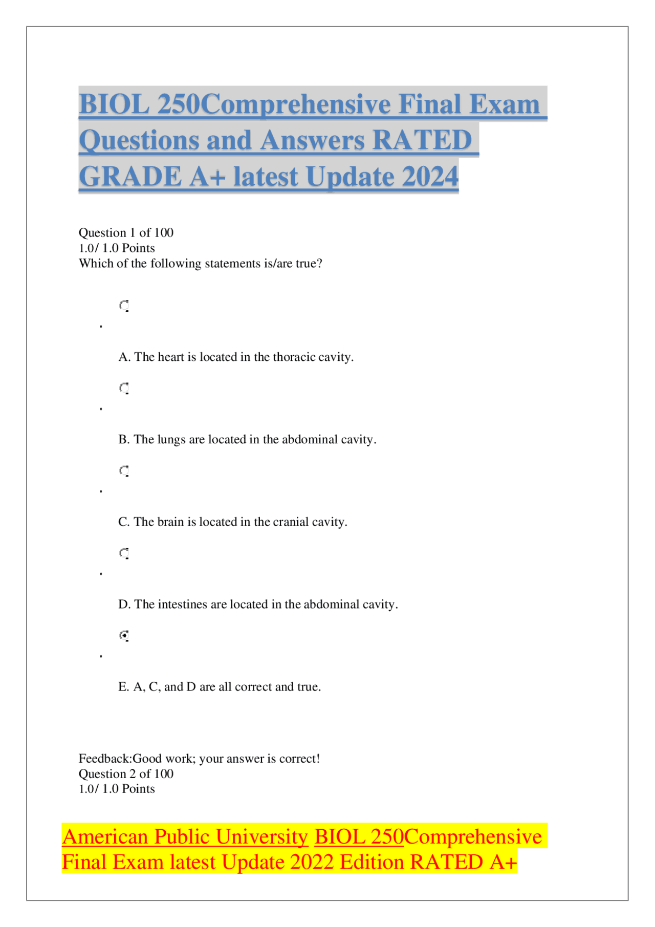 BIOL 250Comprehensive Final Exam Questions and Answers RATED GRADE A+ ...